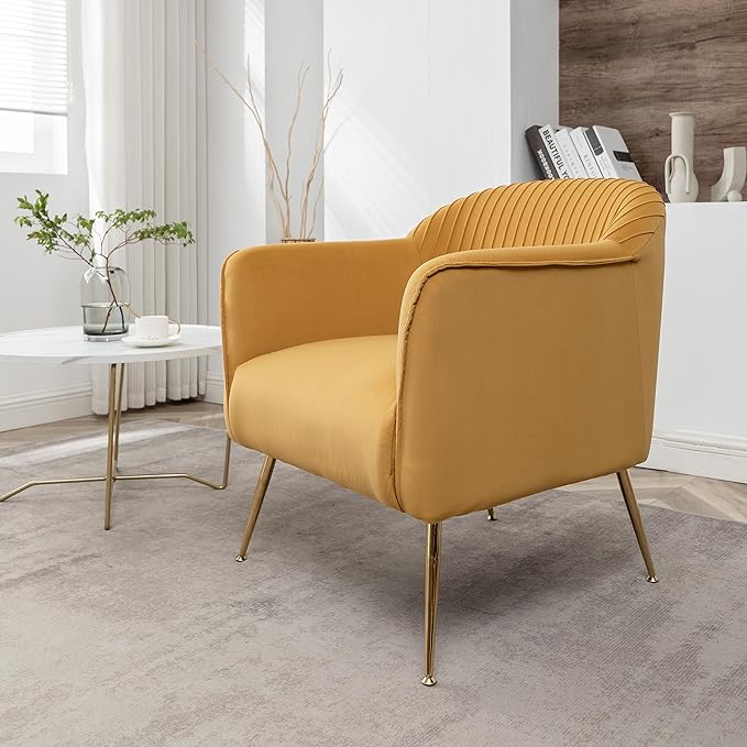 Contemporary Velvet Accent Chairs for Living Room, Bedroom and Entryway, Modern Armchair with Sleek Metal Legs, Elegant Seating Solution for Small Spaces, Mustard Yellow