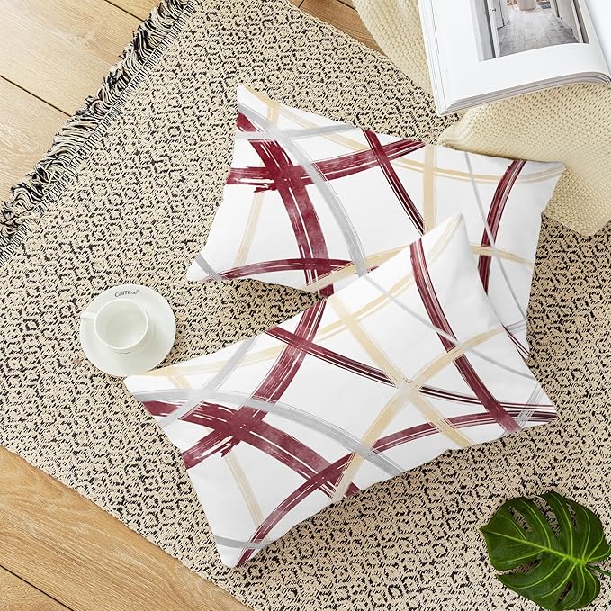 CaliTime Throw Pillow Cases Pack of 2 Cozy Fleece Arc-Shaped Abstract Geometric Lines Decorative Cushion Covers for Couch Bed Sofa Farmhouse Decoration 12 X 20 Inches Burgundy Dusty Pink Grey
