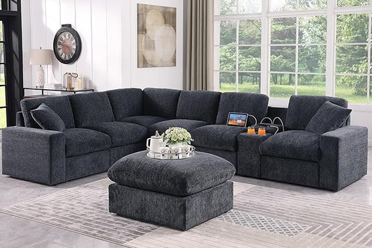 Ball & Cast 127" Oversized Modular L-Shaped Sectional Sofa,Large Chenille Upholstered Couch 7 Seat with Ottoman,Cup Holder&USB Port,Comfty Sectionals W/Pillows&Storage Box,for Living Room,Dark Gray
