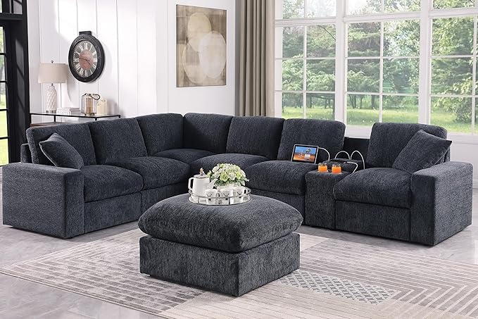 YOPTO 127" Modular Sectional Sofa,Modern Oversized Cloud Couch with Cup Holder&USB Port,7 Seat Convertible L-Shaped Chenille Sofas W/Ottoman,Pillows&Storage Box,Comfy Couches for Living Room,Dark Gray
