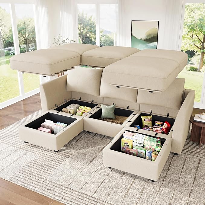 HONBAY Modular Sectional Sofa with Storage U Shaped Sectional Sofa, Convertible Couches for Living Room - Beige