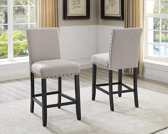 Roundhill Furniture Biony Tan Fabric Dining Chairs with Nailhead Trim, Set of 2 & Height Stools with Nailhead Trim, Set of 2