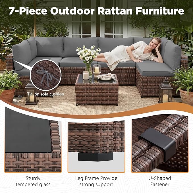 LHBcraft Patio Furniture Set,7 Pieces Outdoor Wicker Rattan Patio Furniture, Wicker Rattan Outdoor Sectional Sofa Set with Coffee Table for Garden, Poolside Taupe-Grey