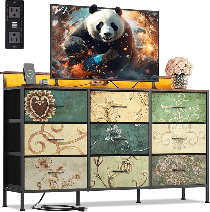 WLIVE Dresser TV Stand for 45, 50, 55 inch TV, Entertainment Center with LED Lights & Charging Station, Chest of Drawers with 9 Fabric Drawers and Open Shelves for Living Room, Hallway, Floral Painted