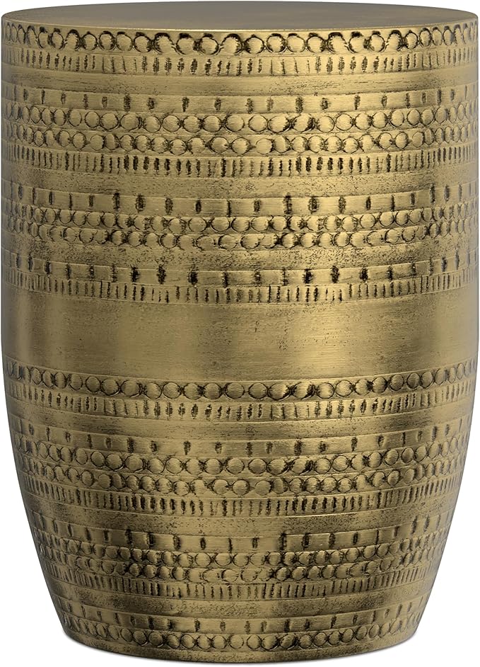SIMPLIHOME Johnsen Metal Table - 15 inch Wide Solid Iron Drum Accent Table in Antique Gold with Tribal Pattern, Round Boho End Table for Living Room, Bedroom, or Home Office, Fully Assembled