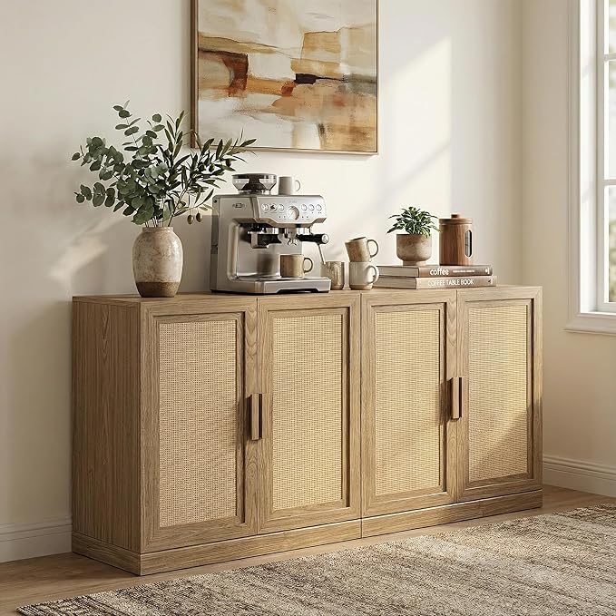 Casaphoria Adam Sideboard Buffet Cabinet with Storage, Sideboard Cabinet with Rattan Doors & Adjustable Shelves, 62" W x 31" H Coffee Bar for Entryway Kitchen Living Room, Oak