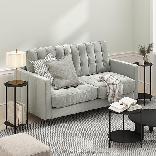 Furinno BESI Side Table Set of 2, 2-Tier Small Round End Table with Metal Legs, Metal Frame Night Stand, Bedside Table with USB and Type-C Charging Port, for Living Room, Bedroom, Americano
