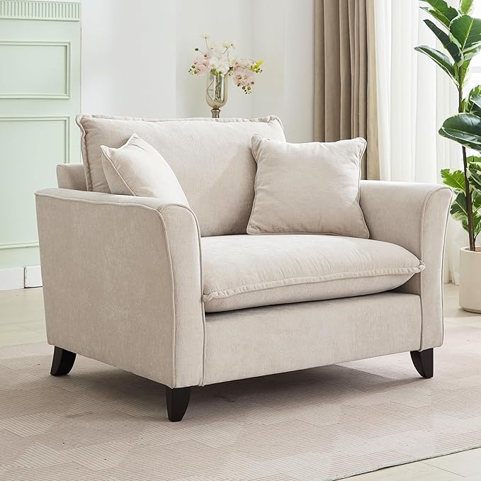 Merax 46.3" Chenille Accent Chair, Oversized Reading Armchair w/2 Pillows, Modern Corner Single Cloud Sofa Arm Chairs, Comfortable Living Room Deep Cushion Seating for Office & Apartment, White