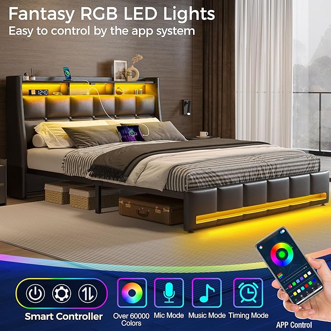 Rolanstar Queen Size Bed Frame with LED Lights and Charging Station, Upholstered Headboard with 2-Tier Storage Shelves, Heavy Duty Metal Frame, Noise-Free Support, Easy Assembly, No Box Spring Needed