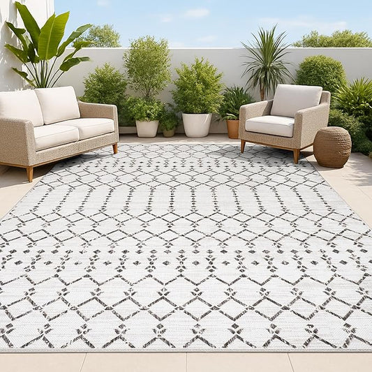 JONATHAN Y Moroccan Geometric Indoor Outdoor Area Rug 10X14 Cream/Black, Ourika Textured Weave for Backyard, Patio, Porch, Easy-Cleaning, High Traffic, Pet-Friendly, Non-Shedding (SMB108I-14)