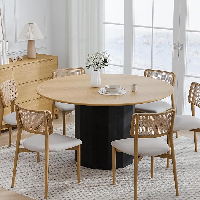 Casaphoria 52 inch Round Dining Table for 6, Natural Wood Top with Black Cylinder Pedestal Base, Two-Tone Modern Kitchen Table, Easy Assembly
