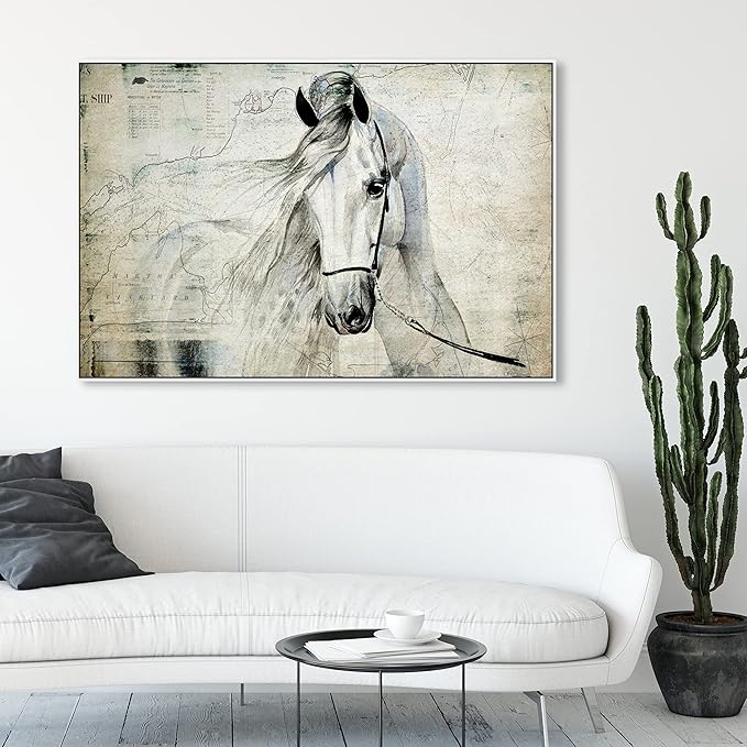 Country Farmhouse Canvas Print Painting Animal Wall Art 'Southern White Horse' White Framed Canvas Rustic Home Décor 54x36 in Gray, Brown by Oliver Gal