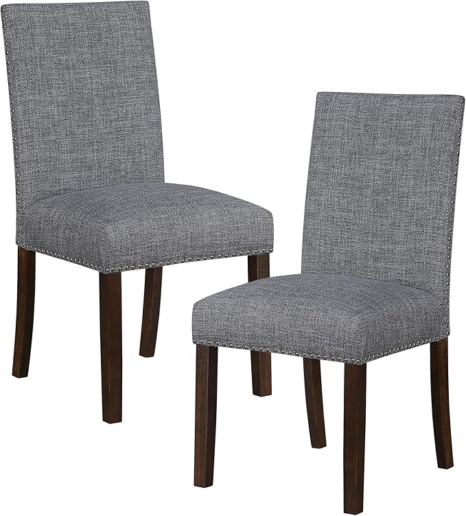 Lexicon Upholstered Dining Chairs Set of 2 - Soft Durable Fabric Armless High Back Kitchen Modern Dining Room Chairs for 2, Nailhead Trim Side, Brushed Brown Sturdy Wooden Frame, Easy Assembly, Gray