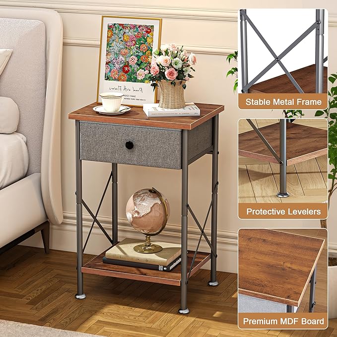 VECELO End Tables, Modern Nightstands with Fabric Drawer & Open Shelf, Side Table for Bedroom Living Room, Industrial Metal Frame, Rustic Brown,2 Pack