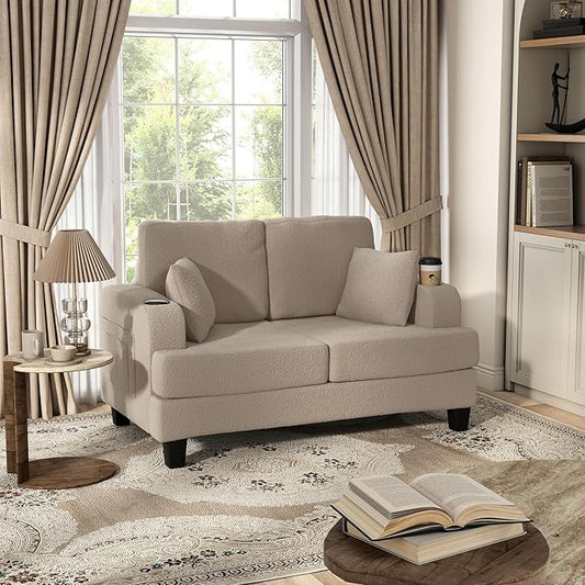 Homes: Inside + Out Reese Modern Plush Boucle Comfortable Loveseat with Side Pockets, Cup Holders and Pillows, Wooden Soft Couch for Living Room, Bedroom and Office, Beige