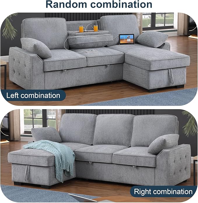 ERYE L-Shaped Pull Out Sleeper Couch Bed, Modern Chenille Upholstered Button Tufted Corner Couch Reversible Sectional Sleeper Sofa Bed W/Storage Chaise, Cup Holders