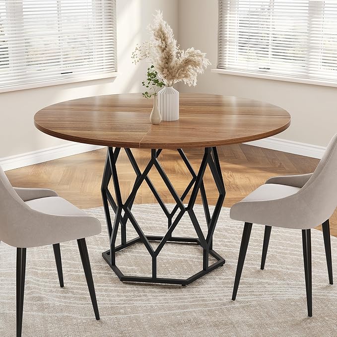 IDEALHOUSE 47 Inch Round Dining Table, Farmhouse Dining Kitchen Table for 4-6 People, Kitchen & Dining Room Tables, Circle Kitchen Table for Kitchen, Dining Room, Living Room, Brown