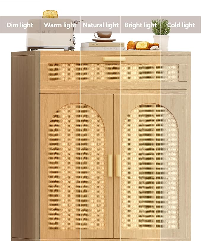 Rattan Buffet Sideboard Set of 2, Boho Buffet Cabinet with Adjustable Shelf & Doors, Kitchen Floor Storage Cabinet with Drawer, Coffee Buffet Cabinet for Living Room, Hallway, Entryway, Natural Oak