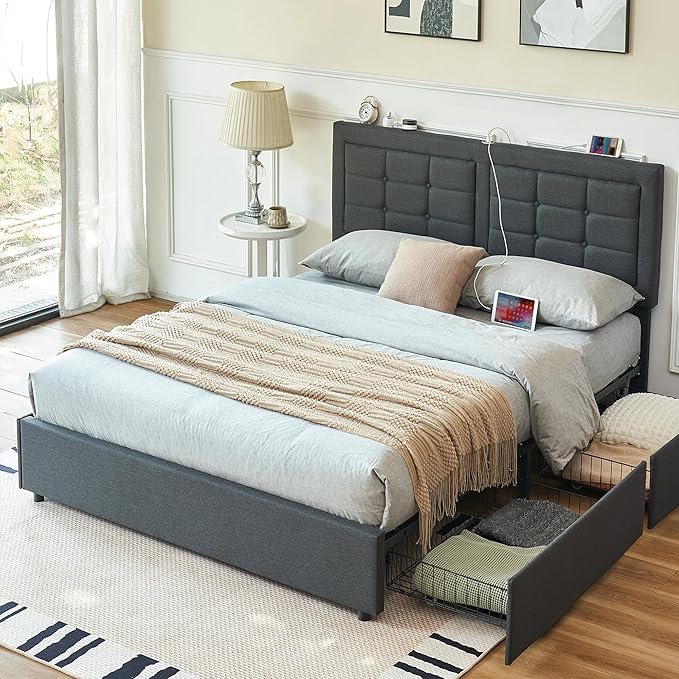 VECELO Queen Size Bed Frame with 4 Drawers, Adjustable Tufted Button Headboard, Upholstered Platform with Wood Slats Support, Built-in USB and Type C Ports, Dark Gray