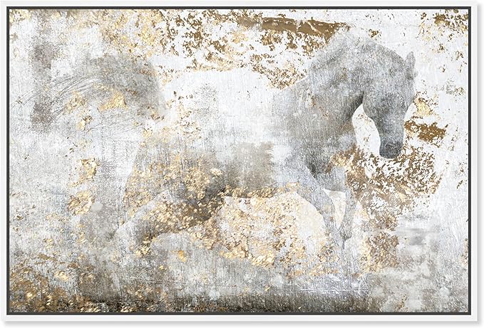 The Oliver Gal Artist Country Farmhouse Canvas Print Painting Animal Wall Art 'Running Horse' Framed Gallery Wrapped Canvas Rustic Home Décor 54 in x 36 in,White, Gold