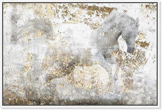 The Oliver Gal Artist Country Farmhouse Canvas Print Painting Animal Wall Art 'Running Horse' Framed Gallery Wrapped Canvas Rustic Home Décor 54 in x 36 in,White, Gold