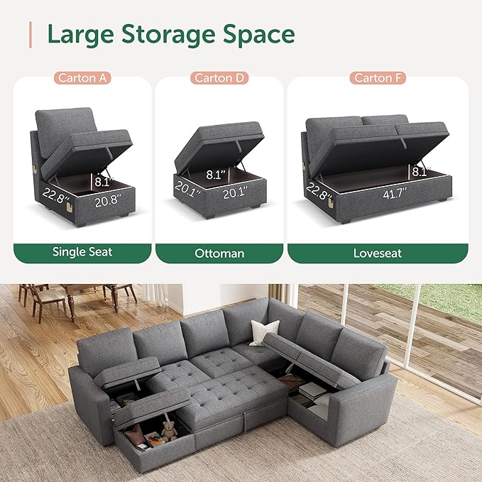 HONBAY Modular Sectional Sleeper Sofa with Pull Out Bed, Convertible L Shaped Couch with Storage Seat, Sectional Couches for Living Room,Grey