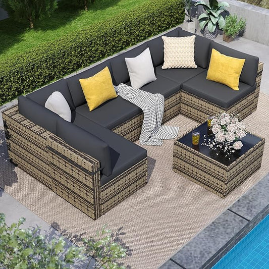 7-Piece Outdoor Sectional Sofa Set, Weather-Resistant Patio Furniture Set with Washable Cushions and Coffee Table, Brown Rattan Patio Conversation Set for Poolside, Backyard, Deck (Black)