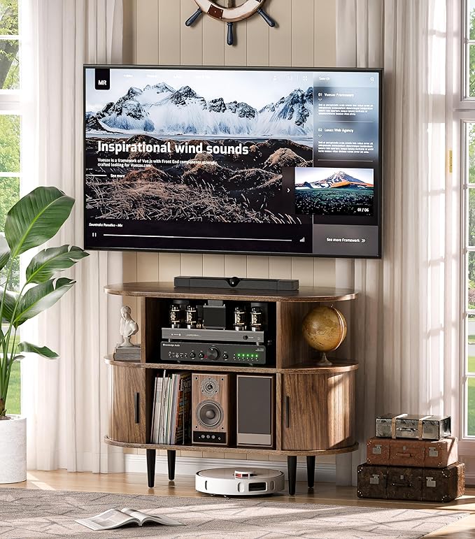 35.4" Fluted Small TV Stand, Mid Century Modern TV Stands for Bedroom,TV Entertainment Center with Storage for TVs, Round Media Console Cabinet with Sliding Doors for Bedroom, Living Room (Walnut)