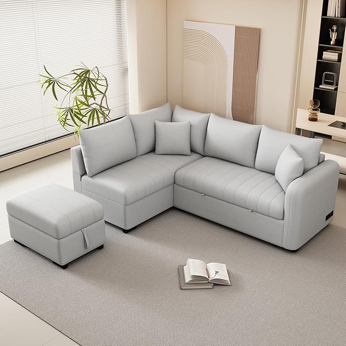Merax Sofa Bed Sleeper Couch L Shaped Sofa with Storage Ottoman, L-Shape Sectional Couch with 2 USB Ports, 2 Power Sockets for Living Room and Small Apartment (Gray)