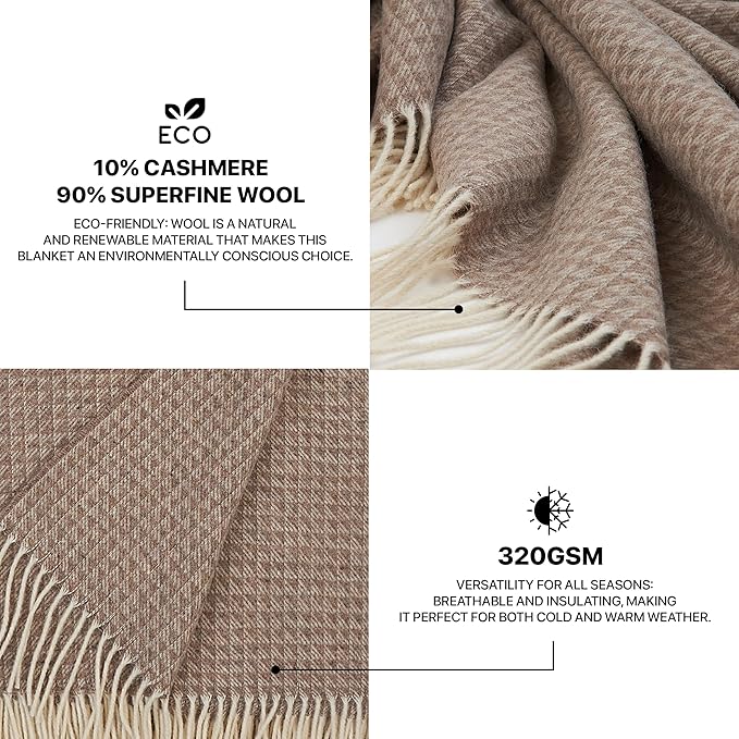 | Cashmere Blend Blanket | 10% Cashmere, 90% Superfine Wool | Ultra-Soft, Warm & Breathable Throw with Fringes | Elegant Bed or Sofa Layer 55"x79" (140 x 200 cm)