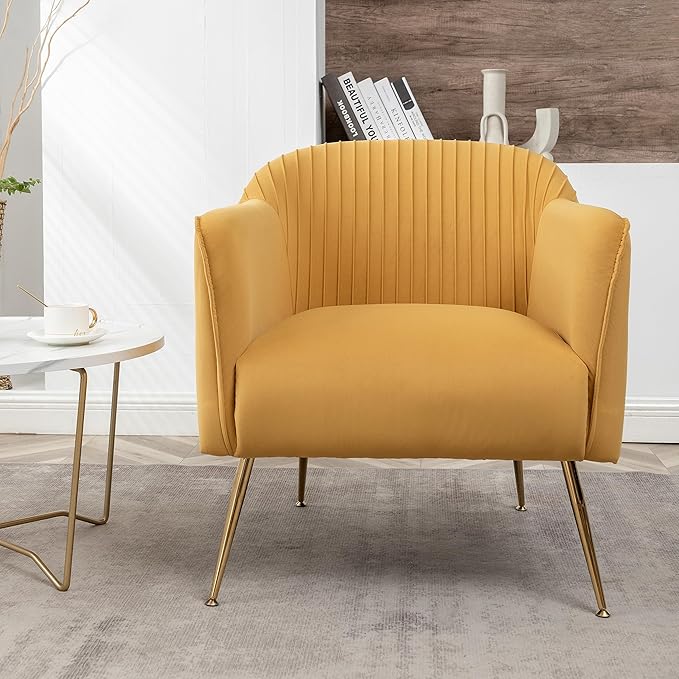 Contemporary Velvet Accent Chairs for Living Room, Bedroom and Entryway, Modern Armchair with Sleek Metal Legs, Elegant Seating Solution for Small Spaces, Mustard Yellow