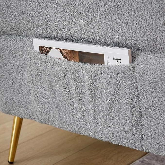 Eafurn Teddy Futon Sofa Bed Modern Folding Futon Set Convertible Recliner Lounge Sleeper Couch with Adjustable Armrest and Backrest for Living Room Apartment | Golden Legs, Wood Frame, Side Pockets