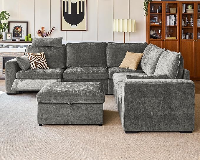 Oversized Modular Sectional Sofa with Power Recliner, Plush Cloud Couch with Headrest, Convertible Deep L-Shaped 6 Seater with Corner and Storage Ottoman, Chenille, Grey