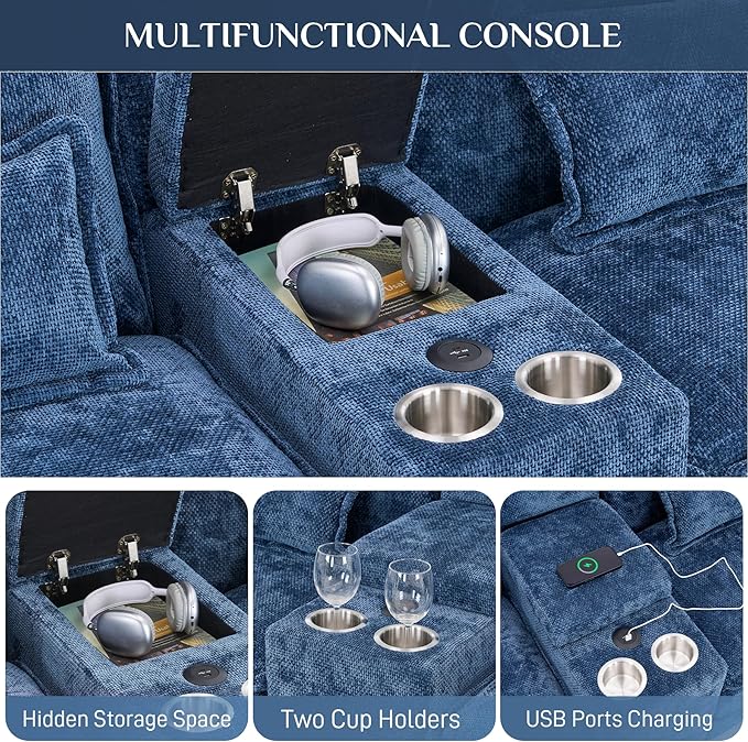 133" Oversized U Shaped Cloud Couch Modular Sectional Couches for Living Room Comfy Chenille Deep Seat Sofa Set with Double Chaise Lounge, Storage Central Console, Cup Holders, USB Port, Blue