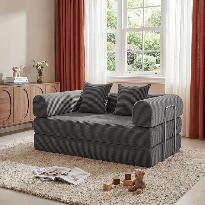 HouseMila 53.15" Boneless Couch,4-in-1 Futon Sofa Bed Modular Loveseat Sleeper Folding Compressed Couch with Pillows,No Assembly Required Convertible Sofa Bed for Living Room Bedroom Guest Room,Grey
