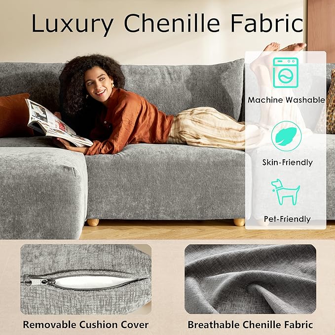 LINSY HOME Cloud Couch Sectional, Modular Sofa Sectionals for Living Room Bedroom, 91" 2 Seater Love Seat Couch, Deep Seat Cozy Couch Luxury Chenille Sofas, Grey