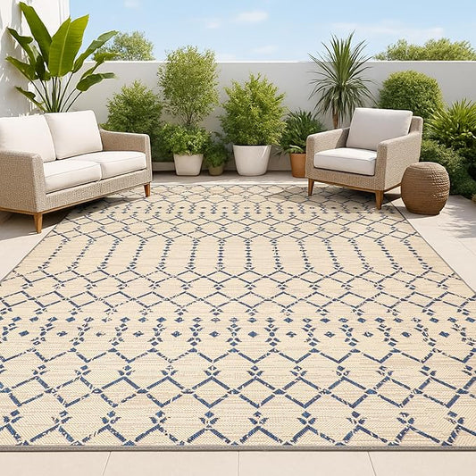 JONATHAN Y Moroccan Geometric Indoor Outdoor Area Rug 5X8 Beige/Navy, Ourika Textured Weave for Backyard, Patio, Porch, Easy-Cleaning, High Traffic, Pet-Friendly, Non-Shedding (SMB108H-5)