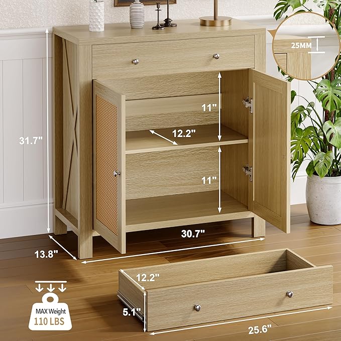 31" Sideboard Buffet Cabinet, Farmhouse Buffet Cabinet with Storage, Rattan Doors Cabinet, Multi-Functional Storage Cabinet Console Coffee Bar Cabinets for Entryway Living Room, Light Brown, 1 PCS