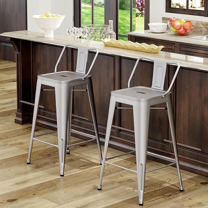 Tongli Metal Bar Stools Set of 2 Counter Stools Metal Bar Chairs Stools Counter Height Barstools Indoor Outdoor (Silver, 2PCS-26)