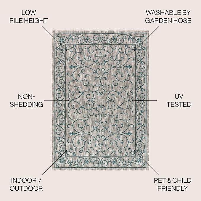 JONATHAN Y Vintage Filigree Indoor Outdoor Area Rug 3X5 Gray/Teal, Charleston Textured Weave for Backyard, Patio, Porch, Easy-Cleaning, High Traffic, Pet-Friendly, Non-Shedding (SMB106E-3)