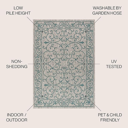 JONATHAN Y Vintage Filigree Indoor Outdoor Area Rug 3X5 Gray/Teal, Charleston Textured Weave for Backyard, Patio, Porch, Easy-Cleaning, High Traffic, Pet-Friendly, Non-Shedding (SMB106E-3)