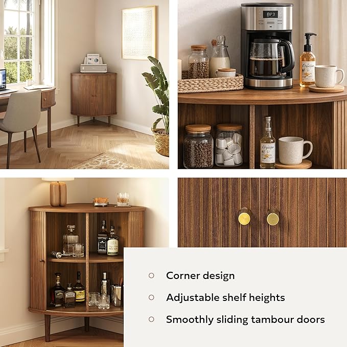 WERMO 30'' Corner Bar Cabinet with Sliding Doors - Angled Corner Cabinet Kitchen, Small Corner-Fitting Coffee and Wine Bar Sideboard Buffet for Kitchen, Dining Room, Living Room, Home Office (Walnut)