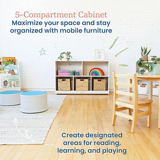 ECR4Kids 5-Compartment Mobile Storage Cabinet, Preschool, Classroom Furniture, White Wash
