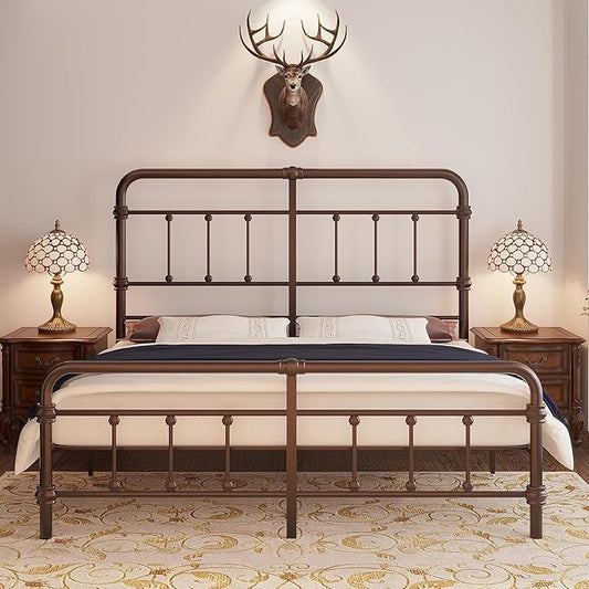 Cal-King-Bed-Frame with headboard Giselle-Vintage Antique-Metal - Iron Platform Mattress Foundation,49 inch High,No Box Spring Needed(Brown)