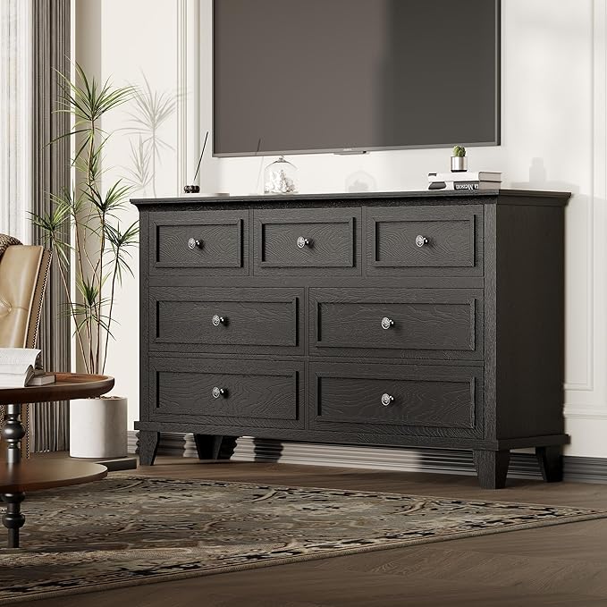 GAOMON Black Dresser, 7 Drawer Dresser for Bedroom, 47" W Chest of Drawers with Deep Drawers, Closet Dressers with Metal Handle, Thickened Desktop, Wood Rustic Drawers for Hallway, Entryway, Closet
