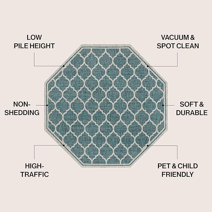 JONATHAN Y Moroccan Trellis Indoor Outdoor Octagon Area Rug 8 Ft Teal/Gray, Trebol Textured Weave for Backyard, Patio, Porch, Easy-Cleaning, High Traffic, Pet-Friendly, Non-Shedding (SMB109E-8TGN)