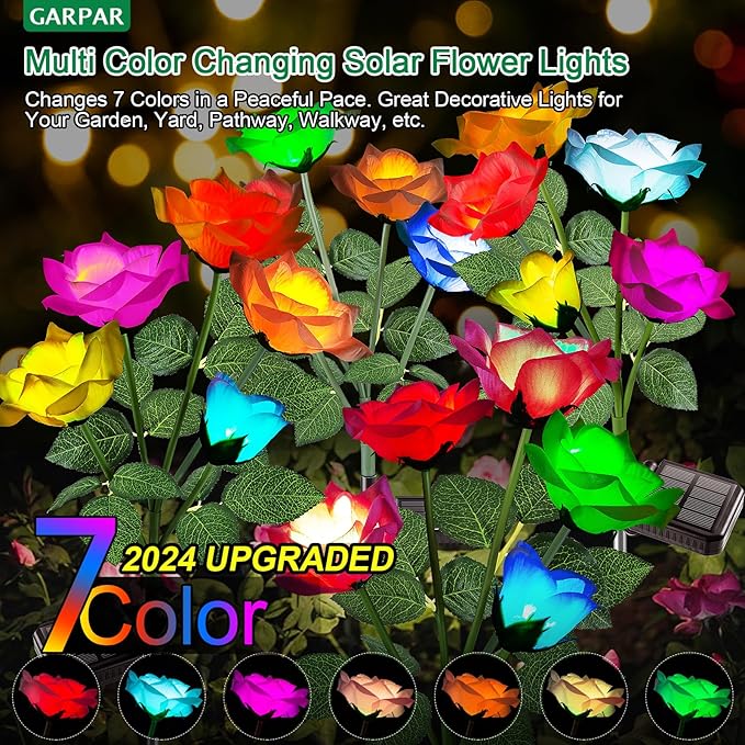 Garpar 6Pack Solar Flowers Lights Outdoor Waterproof - 2026 Upgraded Brighter Solar Garden Lights with 30 Beautiful & Realistic Rose Flowers - Colorful Solar Outdoor Lights for Yard Garden Decor