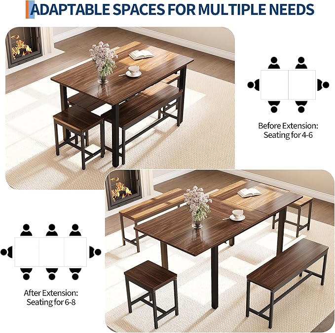 GarveeHome 5-Piece Dining Table Set for 4-8 People, 63 in Large Extendable Kitchen Table Set with 2 Benches and 2 Square Stools, Modern Dining Room Furniture Sets, Easy Assembly, Espresso