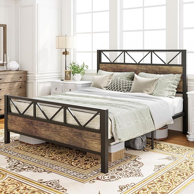 LIKIMIO Queen Bed Frame, Tall Industrial Headboard 51.2 ", Platform Bed Frame with Strong Metal Support, Solid and Stable, Noise Free, No Box Spring Needed, Easy Assembly, Rustic Maple
