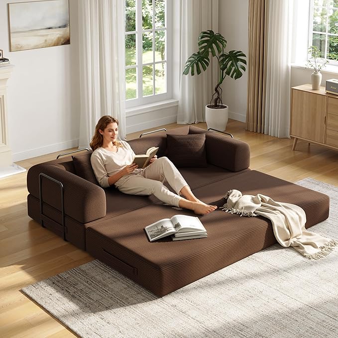 79in Convertible Sofa Bed, Corduroy Boneless Couch Bed, Futon Sleeper Sofa Pull Out Bed, Foldable Couch for Living Room Apartment, No Assembly Required